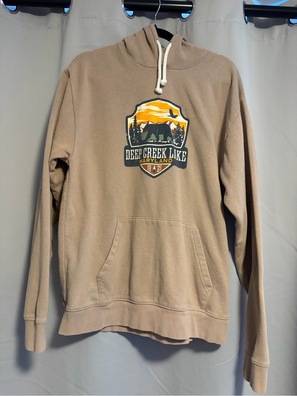 League Tan Hoodie with Deep Creek Lake Graphic